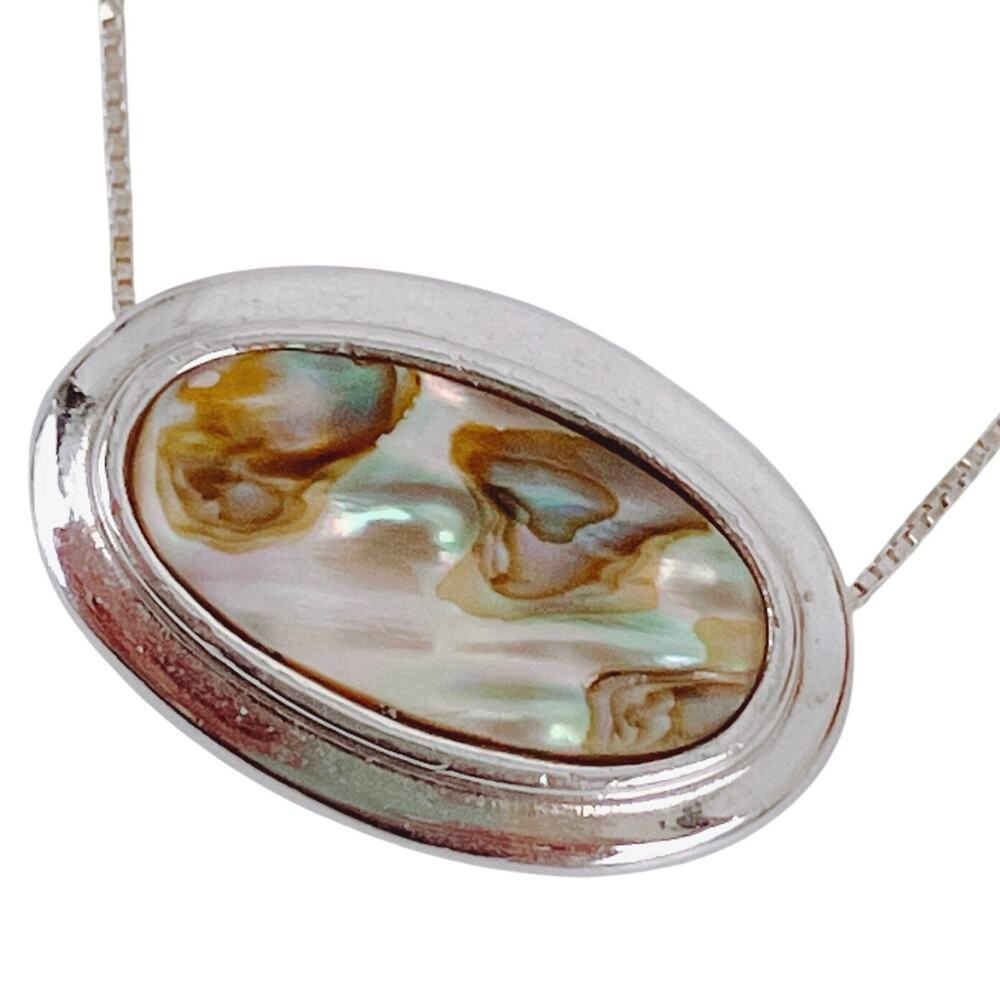 Avon Natural Abalone Shell Pendant Necklace Silver Tone 1990s Vintage Minimalist